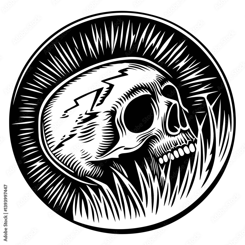 Naklejka premium Intricate Black and White Skull Design with Grass Elements