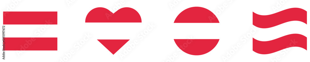 Austria flag. Austria flag set in square, circle, waving flag and heart shape icons. Vector illustration. Austria flag. Austria flag set in square, circle, waving flag and heart shape icons. Vector illustration.