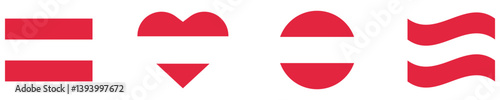 Austria flag. Austria flag set in square, circle, waving flag and heart shape icons. Vector illustration.