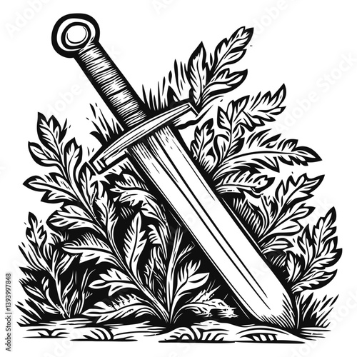 Sword Surrounded by Lush Greenery in Bold Black and White Design
