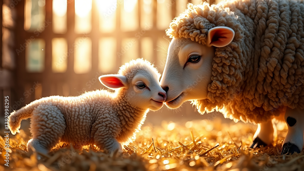Obraz premium A mother sheep and her baby sheep are standing in a barn. The baby sheep is looking at the camera