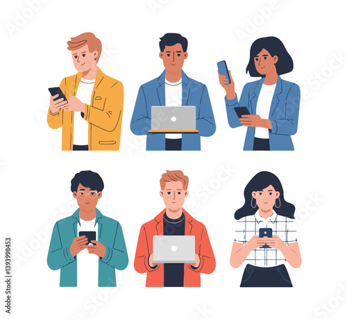 People with devices set. Female and male characters use smartphone, laptop, tablet and making phone call, surfing the internet, browsing in social media. Business doodle concept. Vector illustration