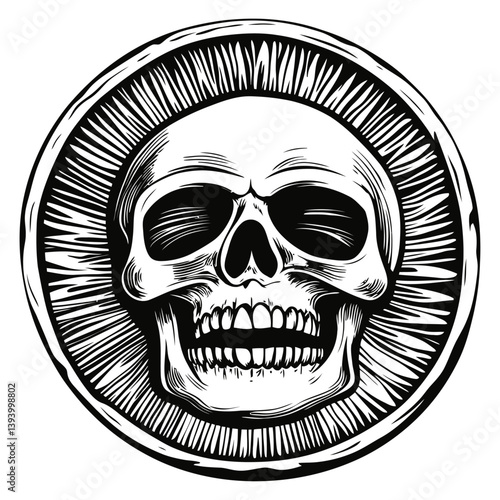 Vintage Skull Illustration with Sunburst Background in Black and White