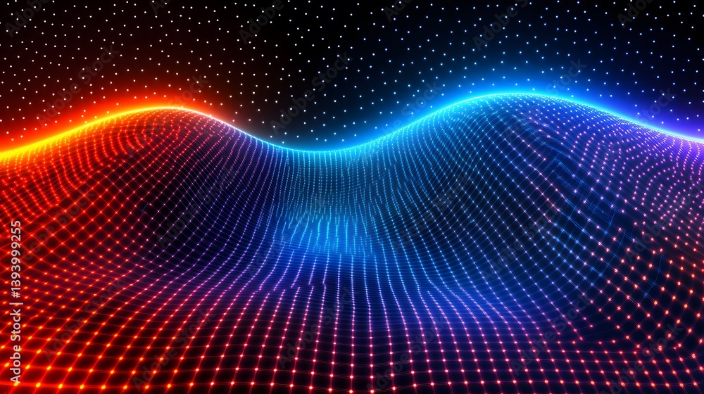 A glowing three dimensional mesh surface in colorful shades of light A glowing three dimensional mesh surface in colorful shades of light