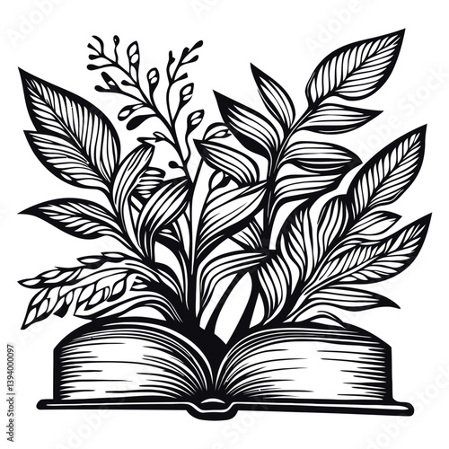 Open Book Surrounded by Lush Leaves and Elegant Botanical Design