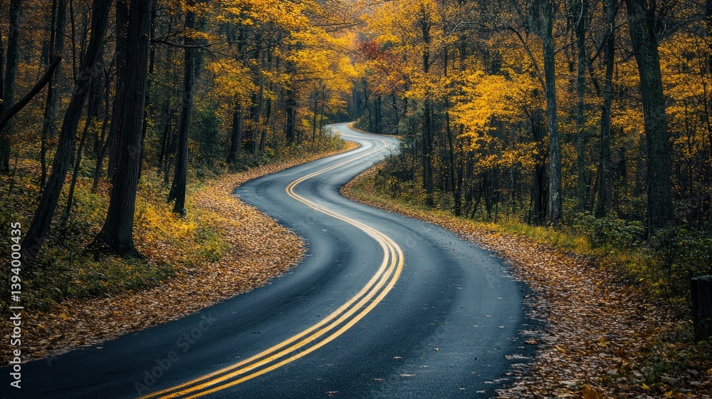 Fototapeta premium Winding autumn road through forest, scenic drive, fall foliage backdrop, travel