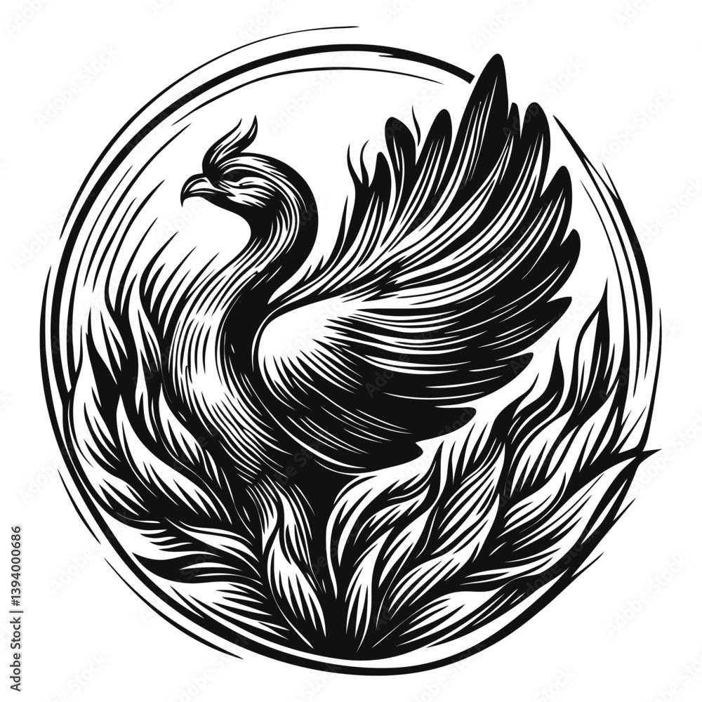 Obraz premium Elegant Phoenix Rising with Wings Spread in Circular Design