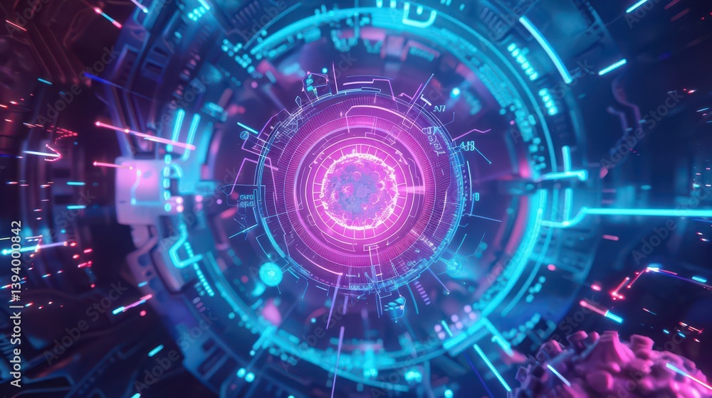 Fototapeta premium A vibrant, futuristic tunnel of glowing circuits and energy, suggesting advanced technology.