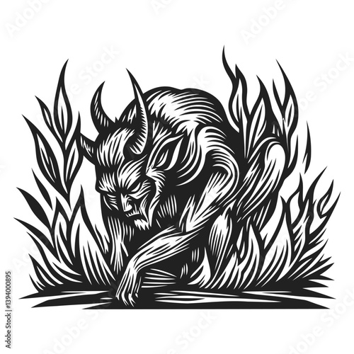 Intricate Woodcut Style Illustration of Fiend in Wild Vegetation