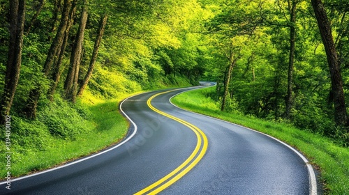 Winding road curves through lush green forest, sunlight dappling leaves; travel, tourism