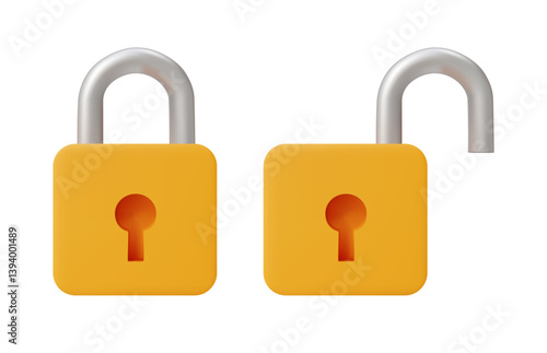 3D illustration vector render icon. Lock and unlock key isolated on white background. Security and authorized access concept. Data protection, restricted access, authorization, privacy.