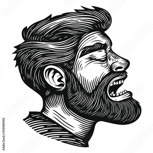 Bold profile illustration of a man with a beard and expressive features