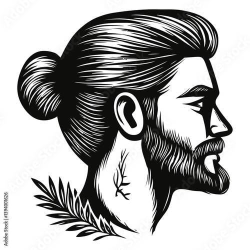 Stylish Profile of a Man with Beard and Long Hair in Black and White