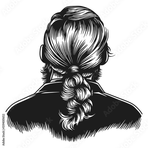 Detailed Illustration of Woman's Hair and Back View in Monochrome