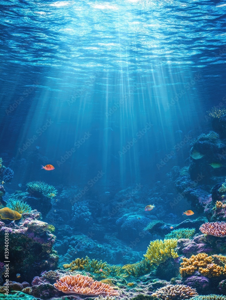 Fototapeta premium Underwater coral reef scene, vibrant colors, sunlight beams