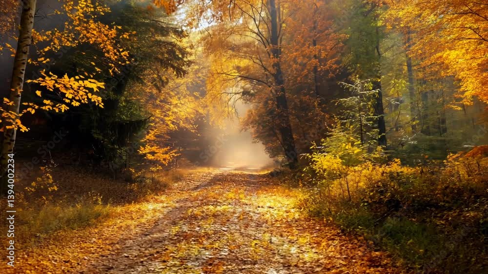 Misty autumn path through golden forest Misty autumn path through golden forest