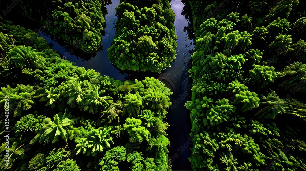 Fototapeta premium Lush River Valley: Green Canopy & Dark Water