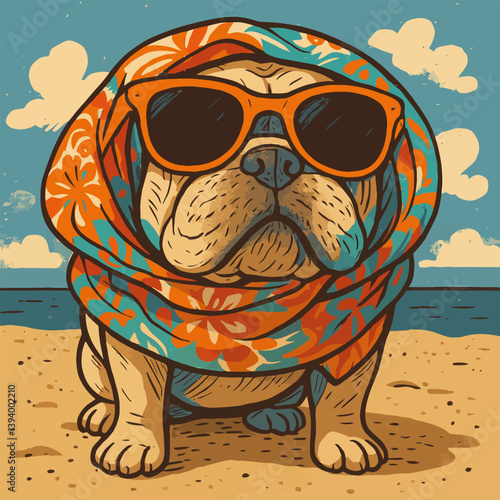 Dog Wearing Sunglasses and Scarf at Beach Enjoying Summer