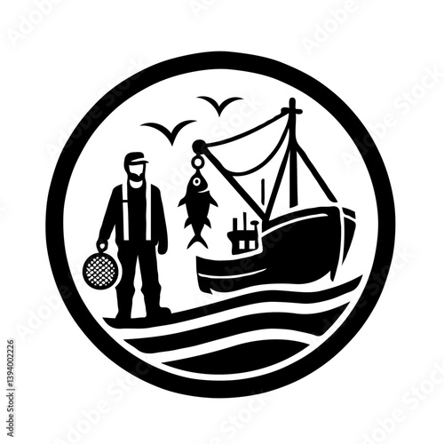 Fisherman holding a catch beside a fishing trawler on water  