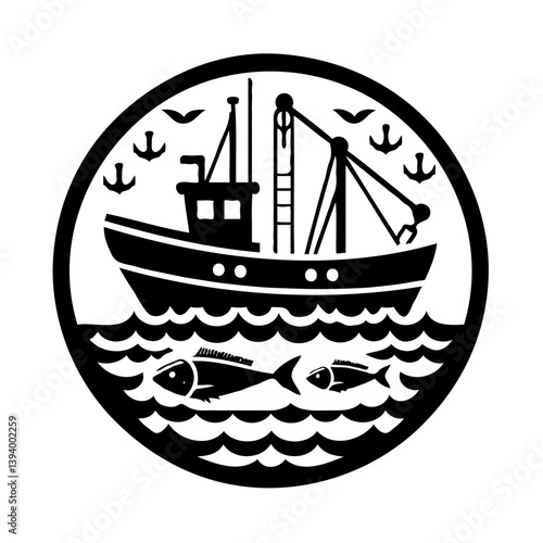 Trawler boat fishing in the ocean with marine life  