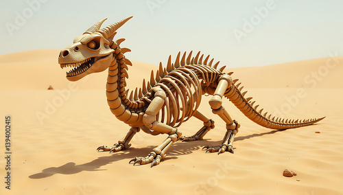 Skeletal Dragon Sculpture with Spikes in a Vast Desert Landscape

