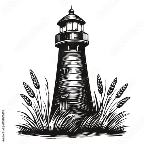 Black and White Lighthouse Surrounded by Grass and Reeds Design