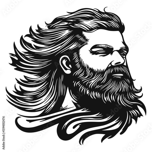 Detailed Illustration of a Man with Flowing Hair and Beard Design