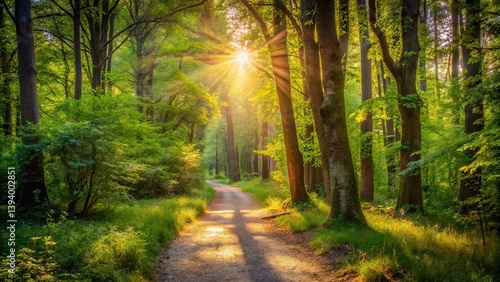 Fototapeta Naklejka Na Ścianę i Meble -  Serene forest path illuminated by sunlight, inviting exploration and tranquility, forest, path, sunlight, serene
