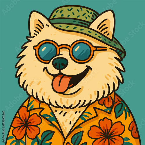 Cartoon Dog Wearing Hat and Sunglasses Ready for Vacation