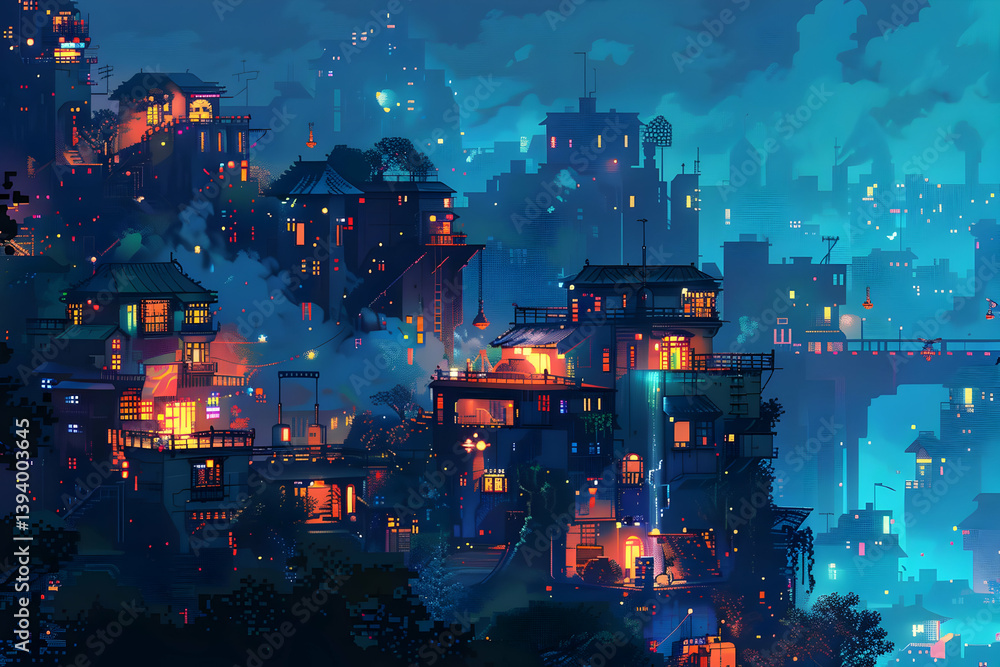 Fototapeta premium Pixelated Cityscape at Night with Illuminated Buildings in Digital Art Style