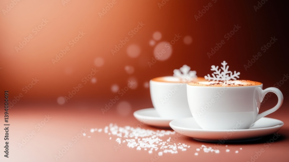 Two warm mugs filled with hot cocoa and topped with snowflake decorations are placed on a smooth surface, evoking a cozy winter ambiance