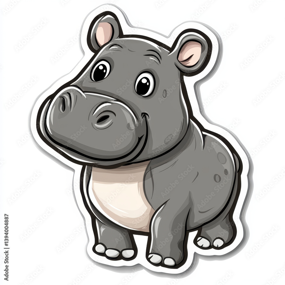 Obraz premium Cute animal sticker featuring happy hippo with big smile and round body. This playful design captures charm of wildlife in fun and engaging way, perfect for kids and animal lovers