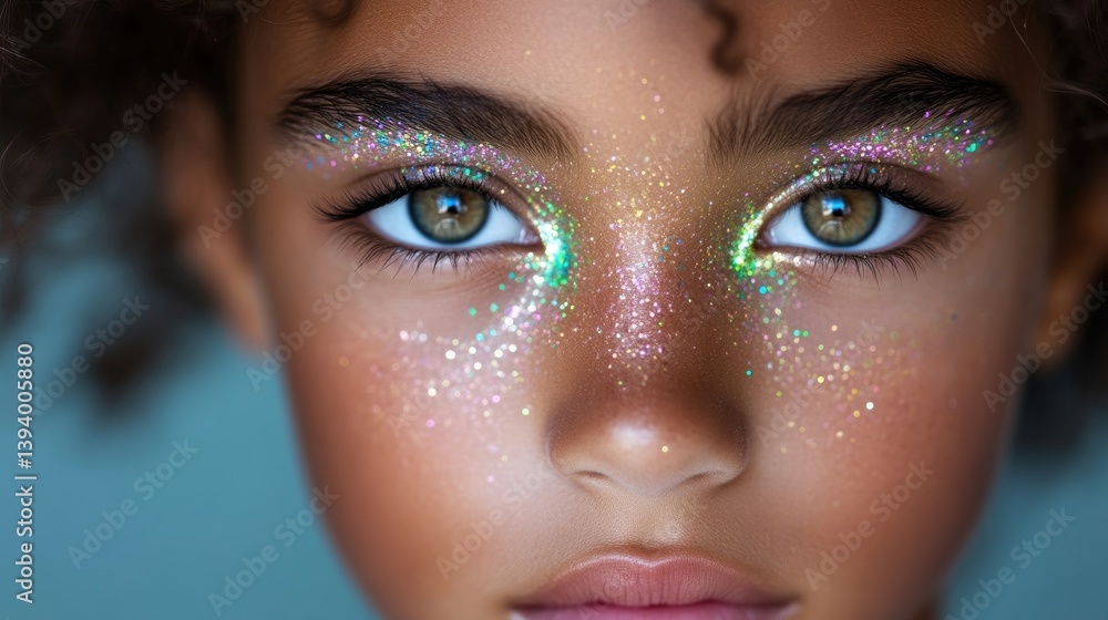 Fototapeta premium Close-up portrait of a child with vibrant glitter makeup. Intense gaze, expressive eyes