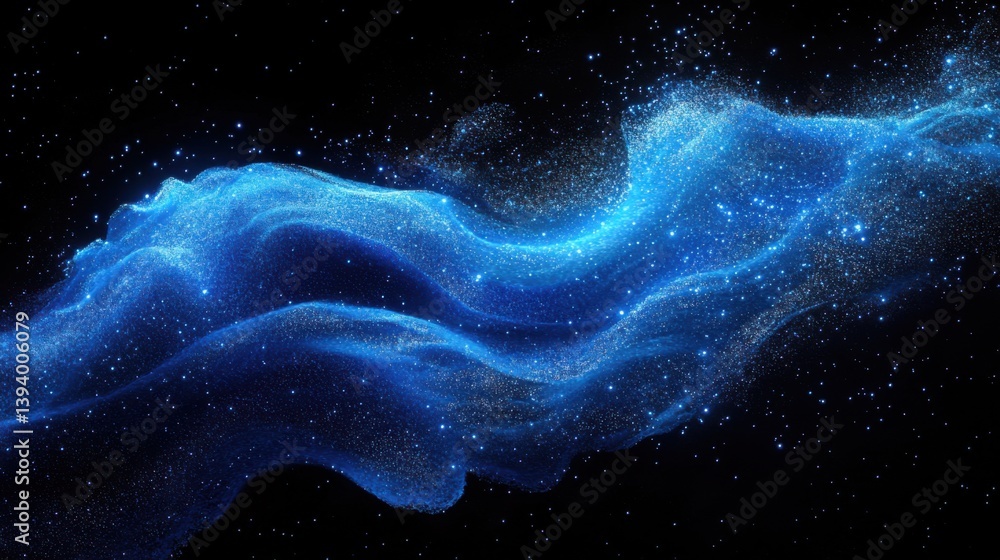 Abstract blue wave of shimmering particles surrounded by subtle dark gradients Abstract blue wave of shimmering particles surrounded by subtle dark gradients