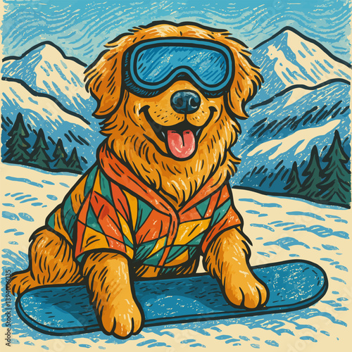 Dog Snowboarding Artwork Happy Pet Winter Adventure Illustration