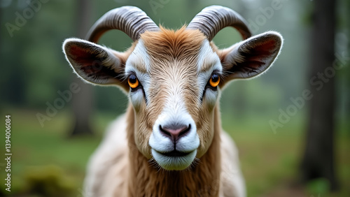 A goat with a brown face and horns. The goat has yellow eyes. The goat is looking at the camera