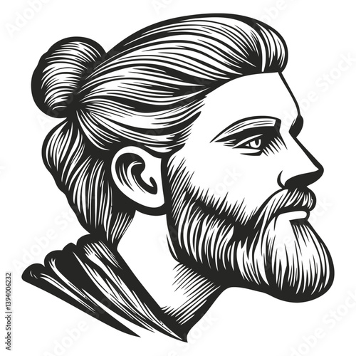 Detailed Profile of a Man with Long Hair and Beard in Black and White