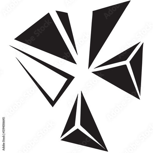Shattered geometric explosion of black triangular fragments creating a dynamic, energetic visual in high contrast monochrome.