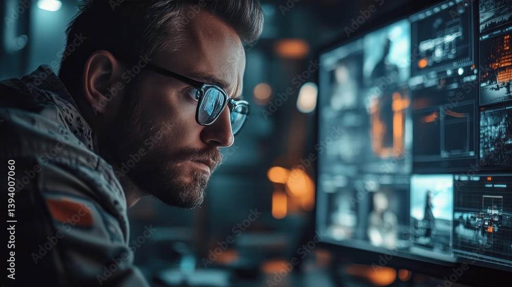 A thoughtful filmmaker intently reviewing scenes on a monitor, analyzing the details and capturing the essence of the film. A thoughtful filmmaker intently reviewing scenes on a monitor, analyzing the details and capturing the essence of the film.