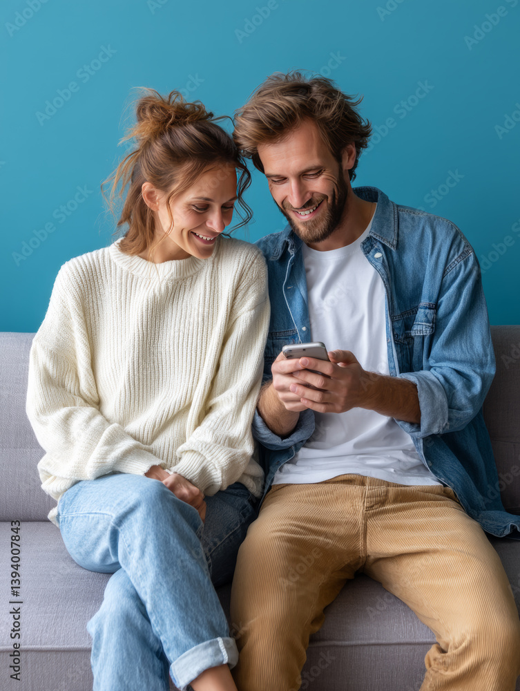 Smartphone happy young couple together: Tech Connection, digital life love Smartphone happy young couple together: Tech Connection, digital life love