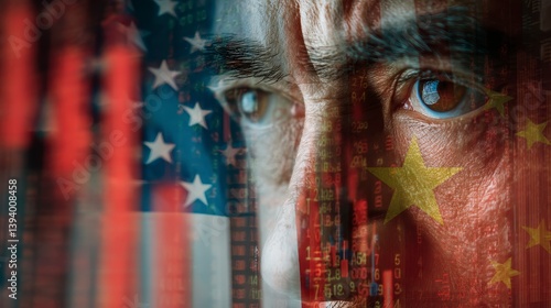 Eyes on the Global Stage: A compelling visual metaphor, a close-up of an individual's watchful gaze interwoven with the American and Chinese flags.