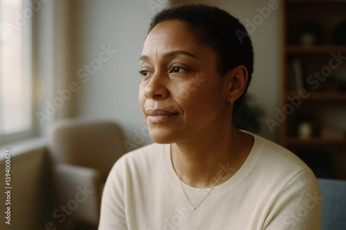 Contemplative Woman in Her 40s at a Therapists Office, Mental Health Perspective, Authentic Human Connection