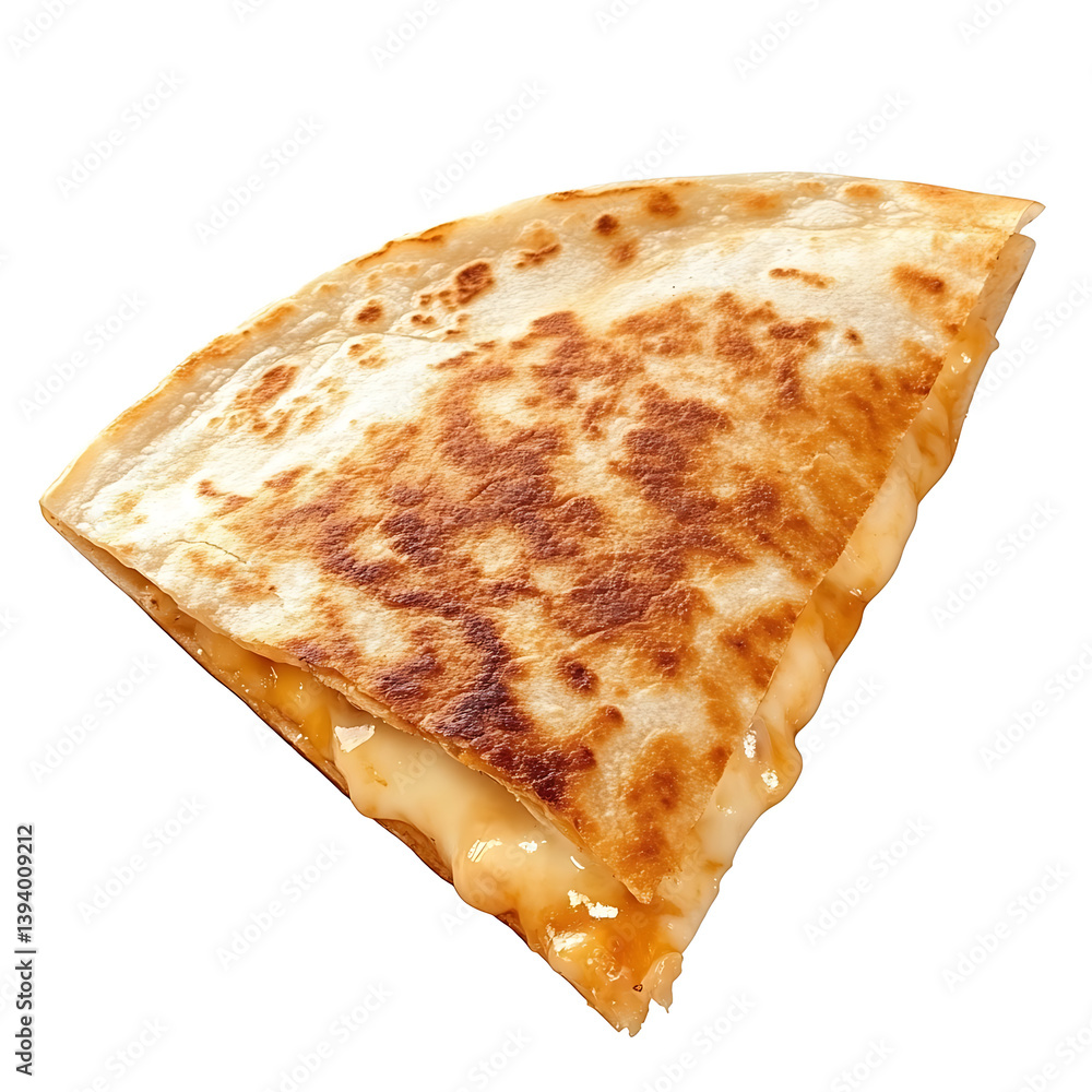 A golden and crispy cheese quesadilla with a melted filling, isolated white background, clean style