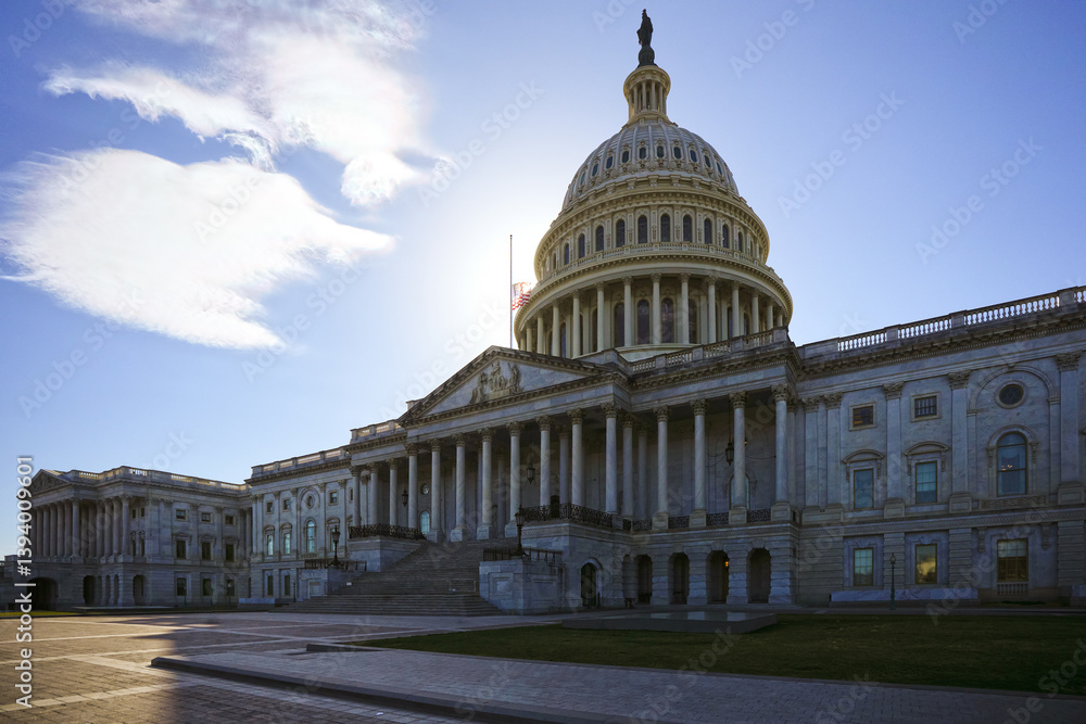 Obraz premium Congress and Capitol. Independence Day in USA. Capitol is freedom and justice in America. The dome of the Capitol in Washington DC. The United States flag on the Capitol building.