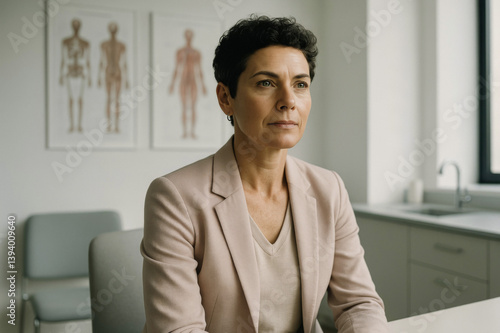 Empowered Woman in Her 40s at a Modern Healthcare Facility, Healthcare Awareness and Inspiration