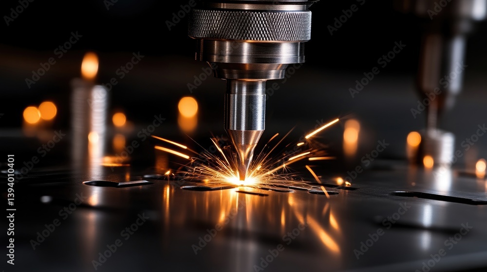 Precision metal cutting process. High-powered laser cutting sparks Precision metal cutting process. High-powered laser cutting sparks