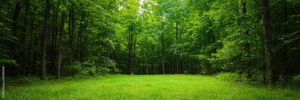 Obraz premium Serene summer woods inviting peaceful exploration, lush green meadow bathed in soft sunlight.