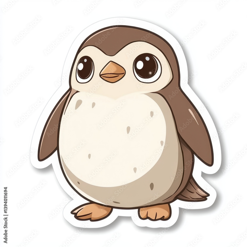 Fototapeta premium Cute animal sticker featuring cartoon penguin with big eyes and round body. This adorable design captures playful essence of wildlife, perfect for decoration or collection