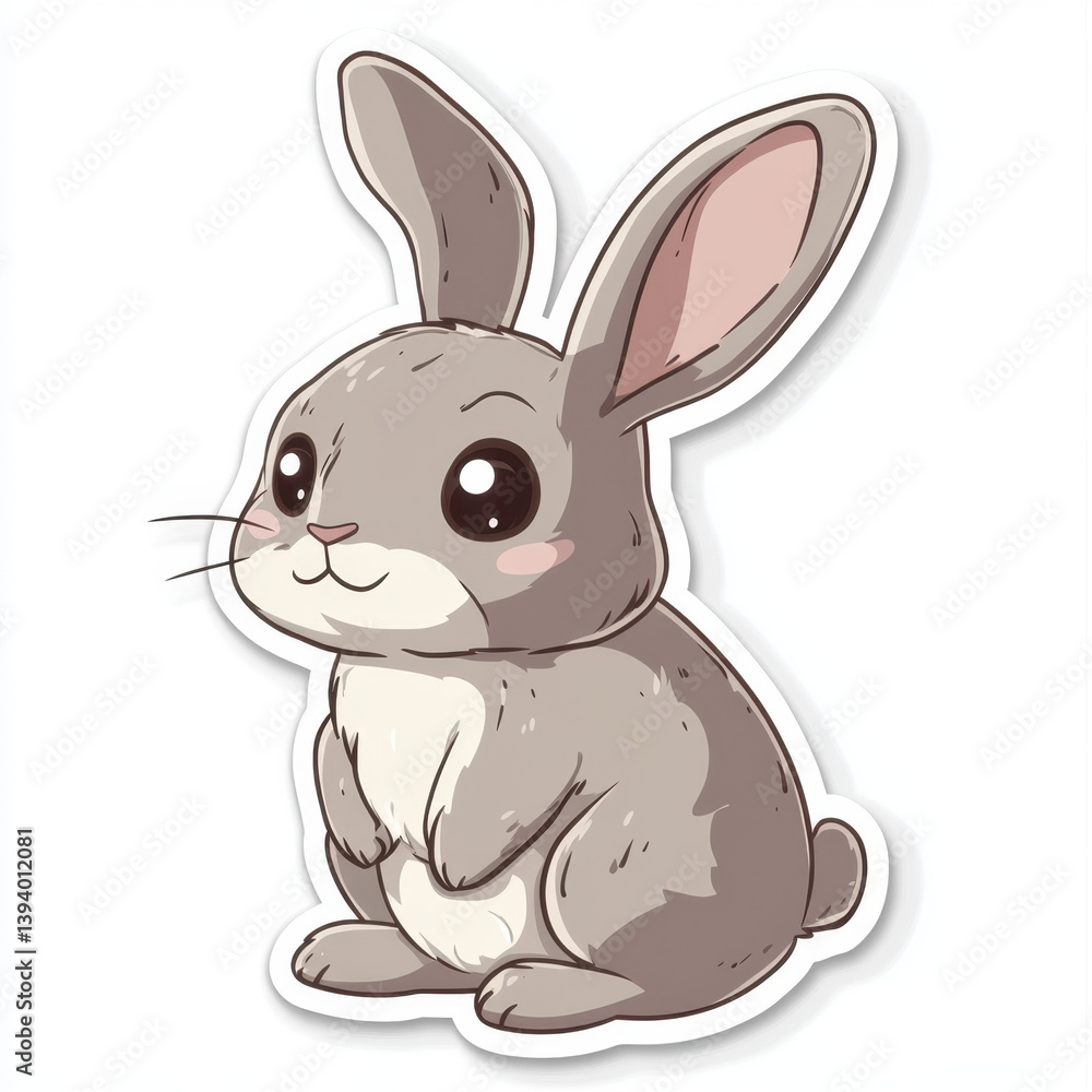 Obraz premium Cute animal sticker featuring gray rabbit with large eyes and long ears. This adorable design captures charm of playful bunny, perfect for adding whimsical touch to any collection