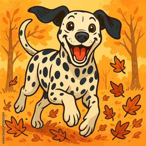 Dog Running Through Autumn Leaves in a Playful Cartoon Illustration